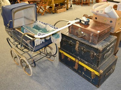 Lot 637 - Three vintage trunks and a Perambulator