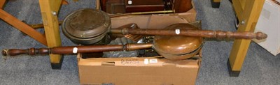 Lot 646 - Two boxes including brass door furniture, 19th century and later boxes and correspondence rack,...