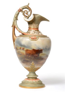 Lot 180 - A Royal Worcester Porcelain Baluster Ewer, by John Stinton, 1907, with leaf sheathed scroll...