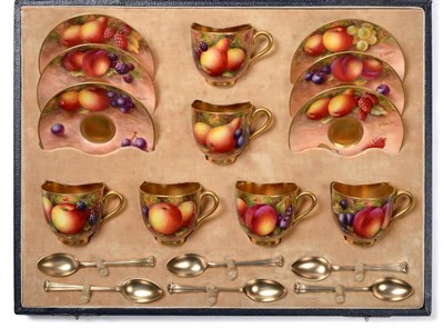 Lot 181 - A Set of Six Royal Worcester Porcelain Coffee Cups and Saucers, 1938 and 1940, painted by...