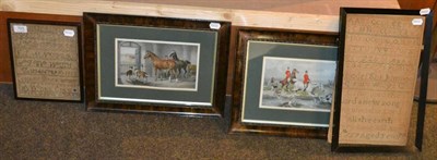 Lot 703 - Sampler dated 1840, alphabet sampler dated '59 and two framed hand coloured hunting prints