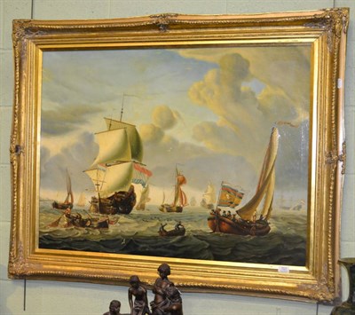 Lot 707 - 20th century, Figures in rowing boats before galleons at sea, oil on canvas