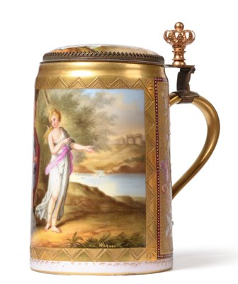 Lot 183 - A Gilt Metal Mounted Vienna Porcelain Tankard and Cover, circa 1900, of cylindrical form with...