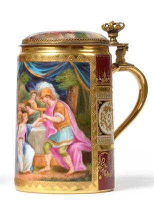 Lot 184 - A Gilt Metal Mounted Vienna Porcelain Tankard and Cover, circa 1900, of cylindrical form with...