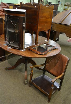 Lot 750 - A mahogany glazed bow fronted hanging corner cupboard, a George III fretwork mirror a nursing chair