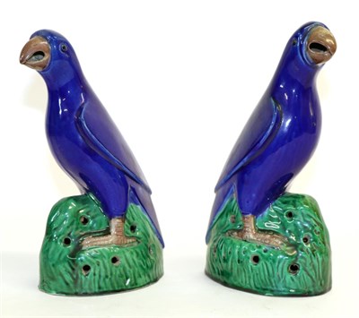 Lot 197 - A Pair of Chinese Export Porcelain Figures of Parrots, Qing Dynasty, 19th century, with blue...