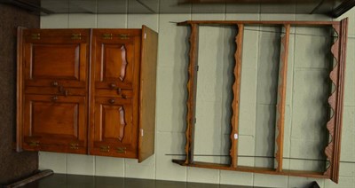 Lot 835 - A small yewwood panelled cupboard together with an oak plate rack