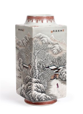 Lot 198 - A Chinese Porcelain Cong Vase, painted en grisaille and with iron red with a continuous winter...