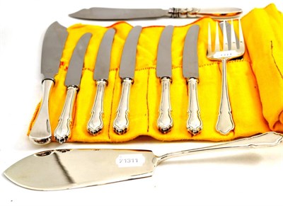 Lot 1 - Twelve silver handled table knives, plated fish servers and two plated fish knives