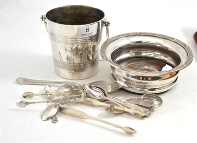Lot 6 - A quantity of small silver spoons, tongs etc, plate coaster and ice pail