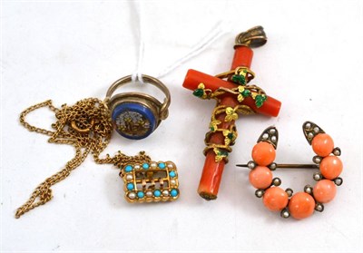 Lot 8 - A coral and seed pearl horseshoe brooch, a coral cross, a turquoise and seed pearl buckle on...