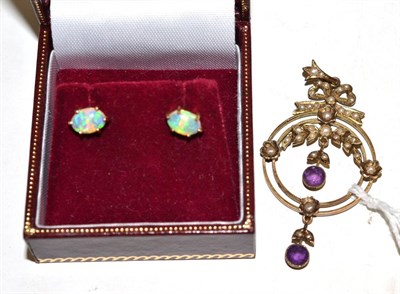 Lot 14 - An early 20th century seed pearl and amethyst pendant and a pair of 9ct gold opal stud earrings
