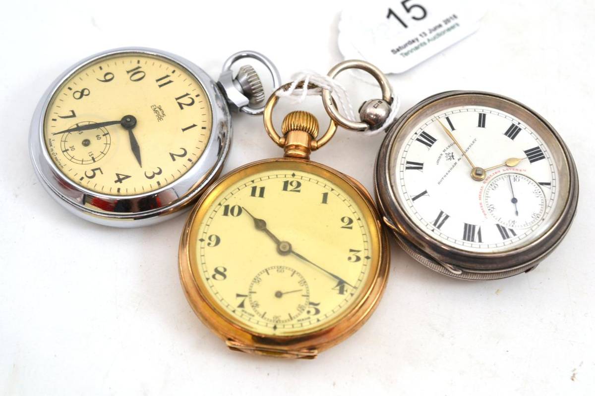 Lot 15 - A silver pocket watch, plated pocket watch and a Smiths Empire pocket watch (3)