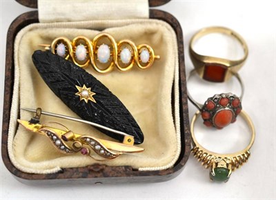 Lot 16 - A 9ct gold ring, opal brooch stamped '15', 9ct gold brooch etc