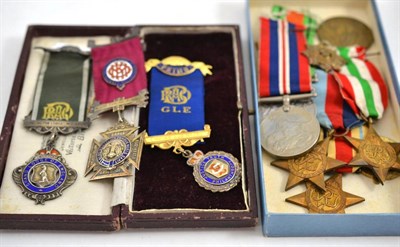 Lot 32 - Box of mixed medals and three silver Masonic medals