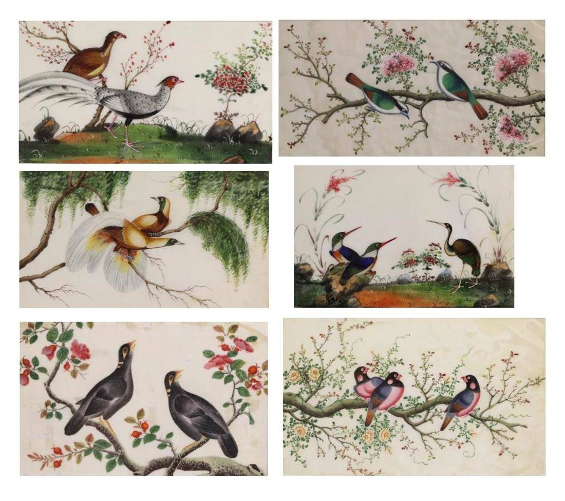 Lot 206 - A Group of Six Chinese Export Pith Paper Paintings, 19th century, each painted with birds...