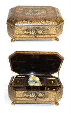 Lot 207 - A Chinese Export Lacquer Workbox and Hinged Cover, early 19th century, of canted rectangular...