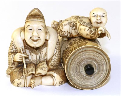 Lot 208 - A Japanese Ivory Okimono, Meiji period, as a scholar sitting beside a scroll holder surmounted by a