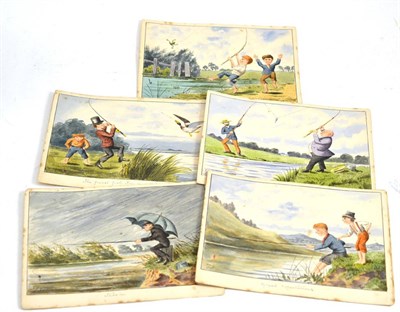 Lot 92 - Eight 19th century fishing watercolours, artist unknown, each 14cm by 19cm