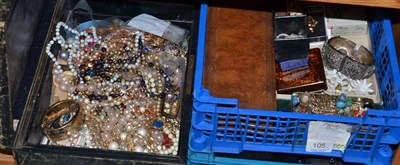 Lot 105 - Three boxes of jewellery including dress watches, beads, brooches, earrings, etc