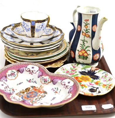 Lot 109 - Armorial dish, decorative plates, Miles Mason coffee pot (a.f.) and a Wedgwood jug