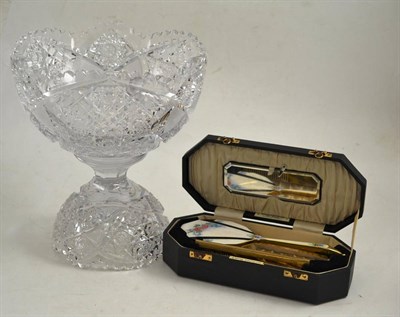 Lot 117 - Two piece cut glass pedestal bowl, cased enamel brush and comb