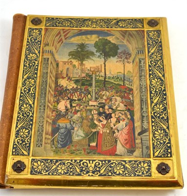 Lot 122 - A Medieval style book cover, the wooden boards highlighted in gilt and with bronzed bosses to...