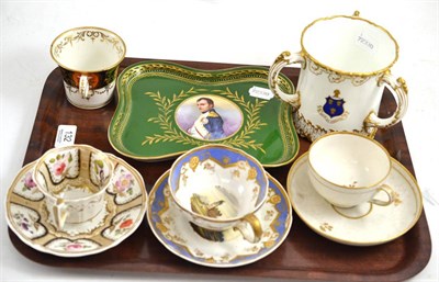 Lot 132 - Continental dish decorated with Napoleon, three English porcelain teacups and saucers and a...