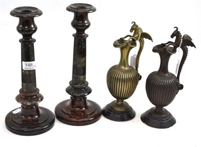 Lot 148 - Pair of bronzed ewers with figural handles and pair of marble table candlesticks (a.f.)