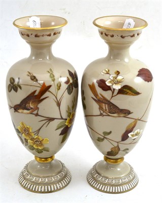 Lot 152 - A good pair of mid-Victorian opaque glass vases painted in enamels with naturalistic birds and...