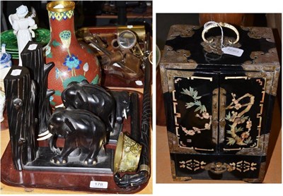 Lot 178 - Early 20th century ebony elephant bookends, Oriental cabinet, cloisonne vase, etc