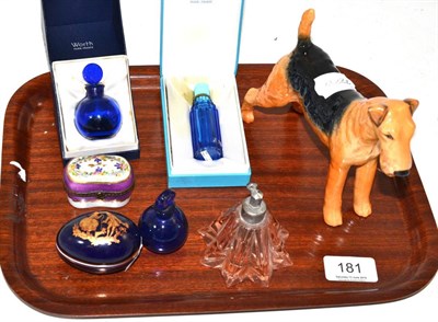 Lot 181 - Beswick pottery Airedale, four scent bottles and two porcelain boxes