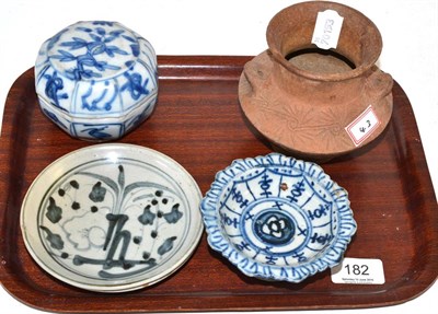 Lot 182 - A blue and white box and cover, two dishes, a footed dish and a terracotta vase