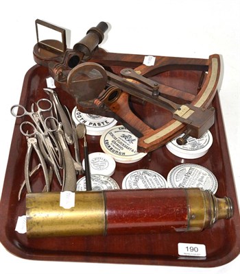 Lot 190 - Six assorted pot lids, dental equipment, a two draw telescope, sextant, etc