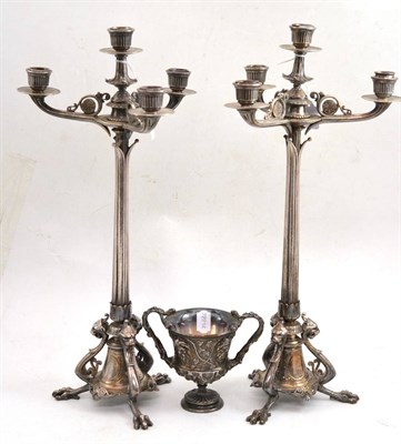 Lot 198 - Pair of Continental plated four branch candelabra and a plated cup