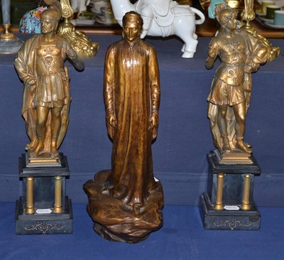 Lot 199 - A plaster figure of Dante and a pair of spelter figures of Gladiators on black marble bases (3)