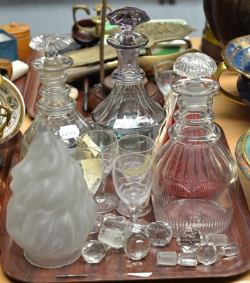 Lot 215 - A collection of assorted glass including four decanters, a light shade, glasses, etc