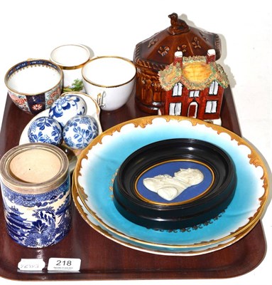 Lot 218 - A tray of 19th century ceramics including a Wedgwood Jasperware portrait and three later...