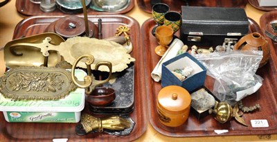 Lot 221 - Two trays of collectors items including assorted metalwares, fishing flies etc