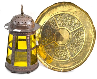 Lot 222 - An Arts & Crafts copper lantern with yellow panels and an Arts & Crafts brass tray