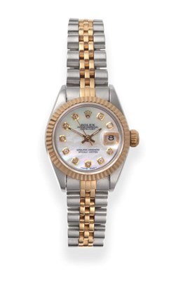 Lot 227 - A Lady's Steel and Gold Automatic Calendar Centre Seconds Wristwatch with Diamond Set Dial,...