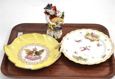 Lot 227 - Meissen leaf shaped armorial dish, Chelsea style plate and Vienna porcelain figure (3)