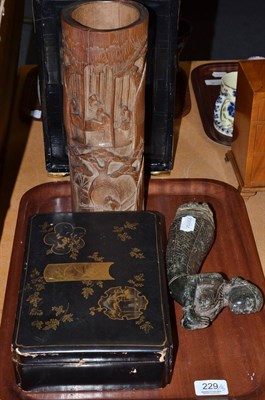 Lot 229 - Chinese bamboo spill vase, Japanese lacquer box and an Indian carved stone wall ornament (3)