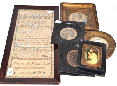 Lot 238 - A framed sampler 1871, five framed engravings and two reproduction prints