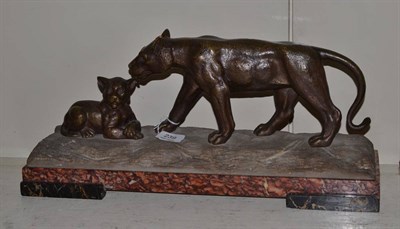 Lot 239 - An Art Deco bronze group modelled as a lioness and cub, signed Morin