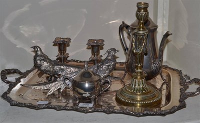 Lot 240 - An early 19th century Neo Classical candlestick, a silver plated twin handled tray, etc