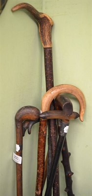 Lot 250 - Hawthorn walking stick, horn handled canes, golf head stick, etc (7)