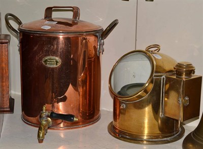 Lot 262 - Copper two handled vessel with brass tap 'C H Harrington & Co Ltd' and a brass gimbal compass...