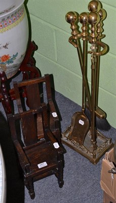 Lot 267 - Brass companion set and a pair of miniature oak chairs