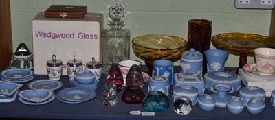 Lot 271 - A shelf including Wedgwood Jasperware, glass, paperweights, Royal Worcester, cased silver teaspoons